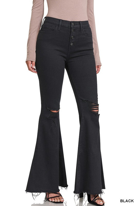 Distressed High Ride Bell Bottom Black Jeans – Cycle of Heart