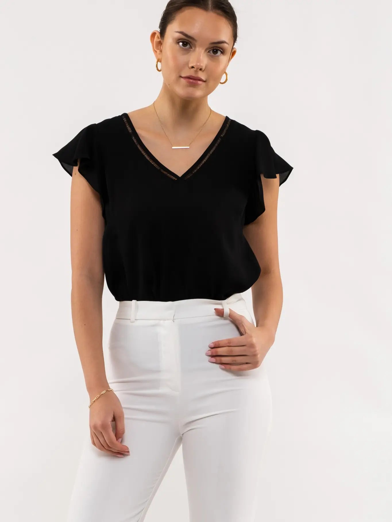 Line Lace V Neck Woven Top