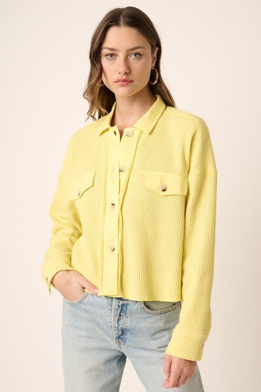 Yellow Waffle Knit Crop Shacket