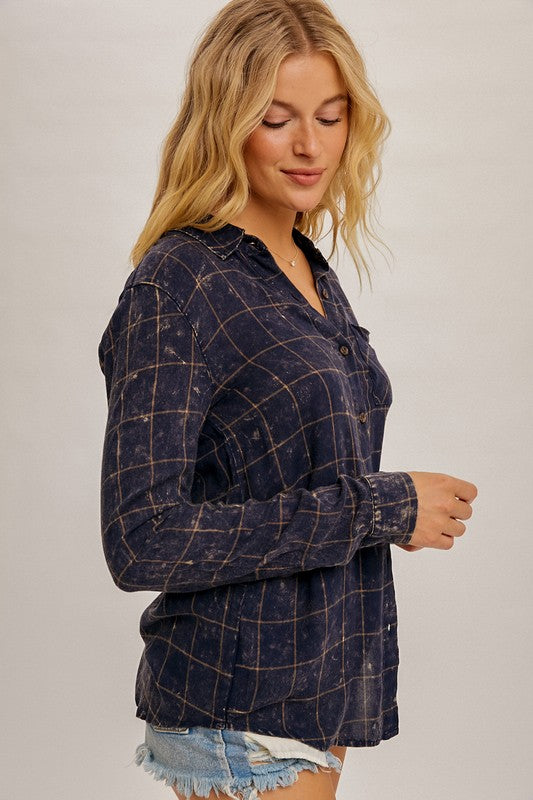 Grid Print Washed Button-Up Top
