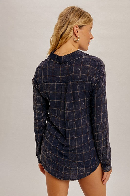 Grid Print Washed Button-Up Top