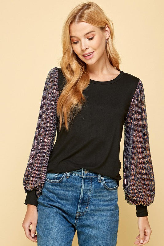 Black Top with Sequin Detailed Sleeves