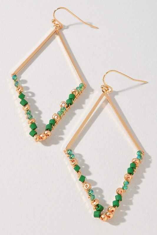 Glass and Wood Metal Emerald Earrings