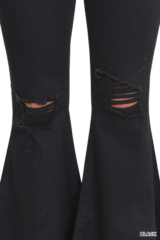 Distressed High Ride Bell Bottom Black Jeans