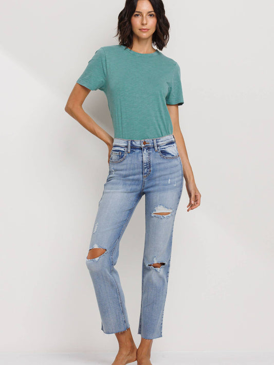 High Rise Straight Jeans with Stretch and Rips